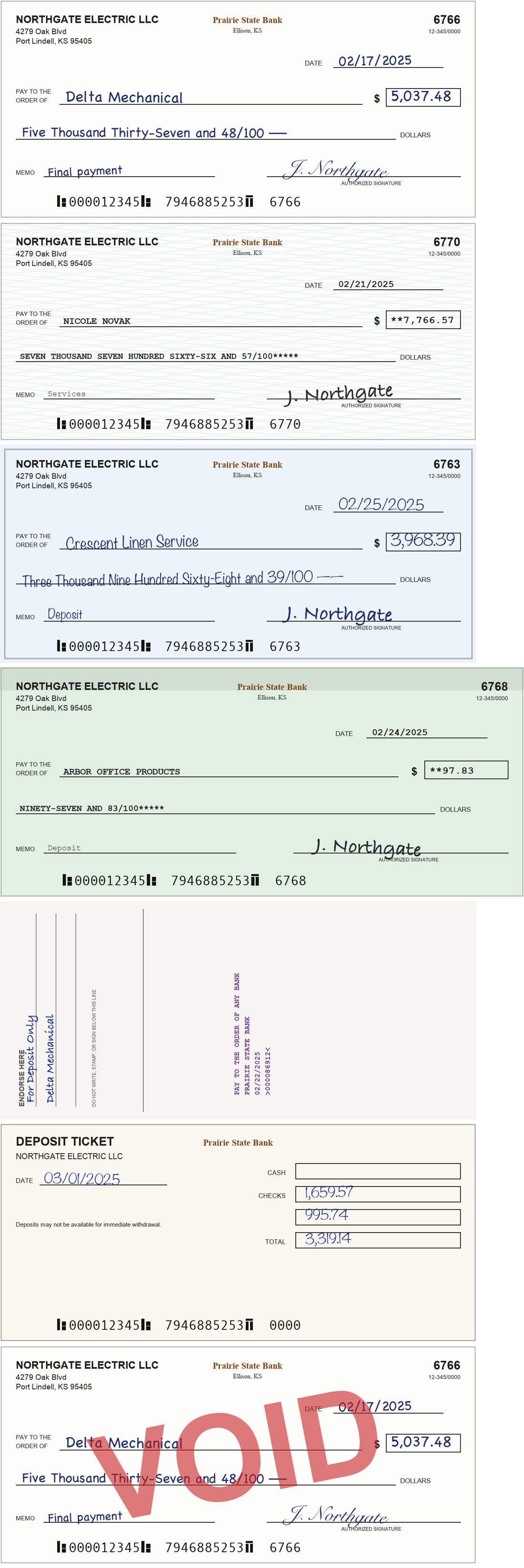 Seven sample images drawn by Claude: four checks in different styles, the back of a check, a deposit ticket and a voided check.